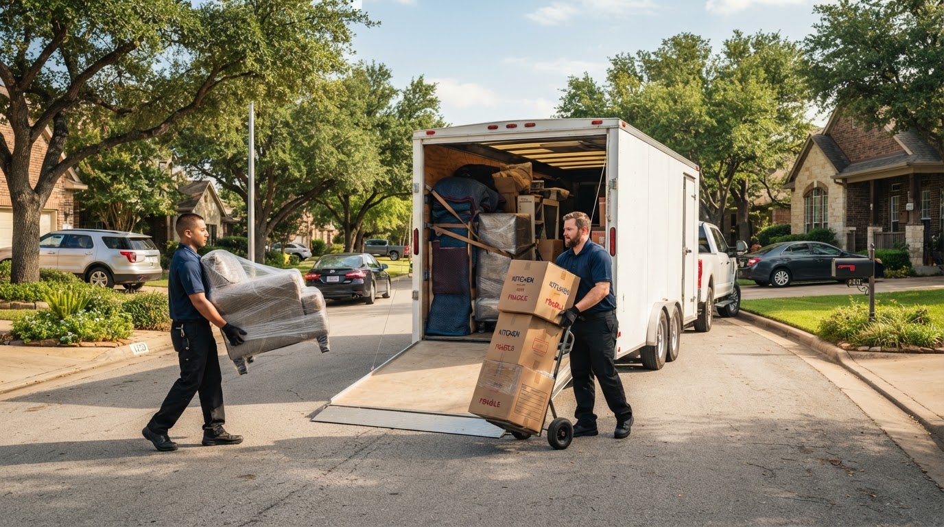 American Pride moving crew loading furniture into a moving trailer