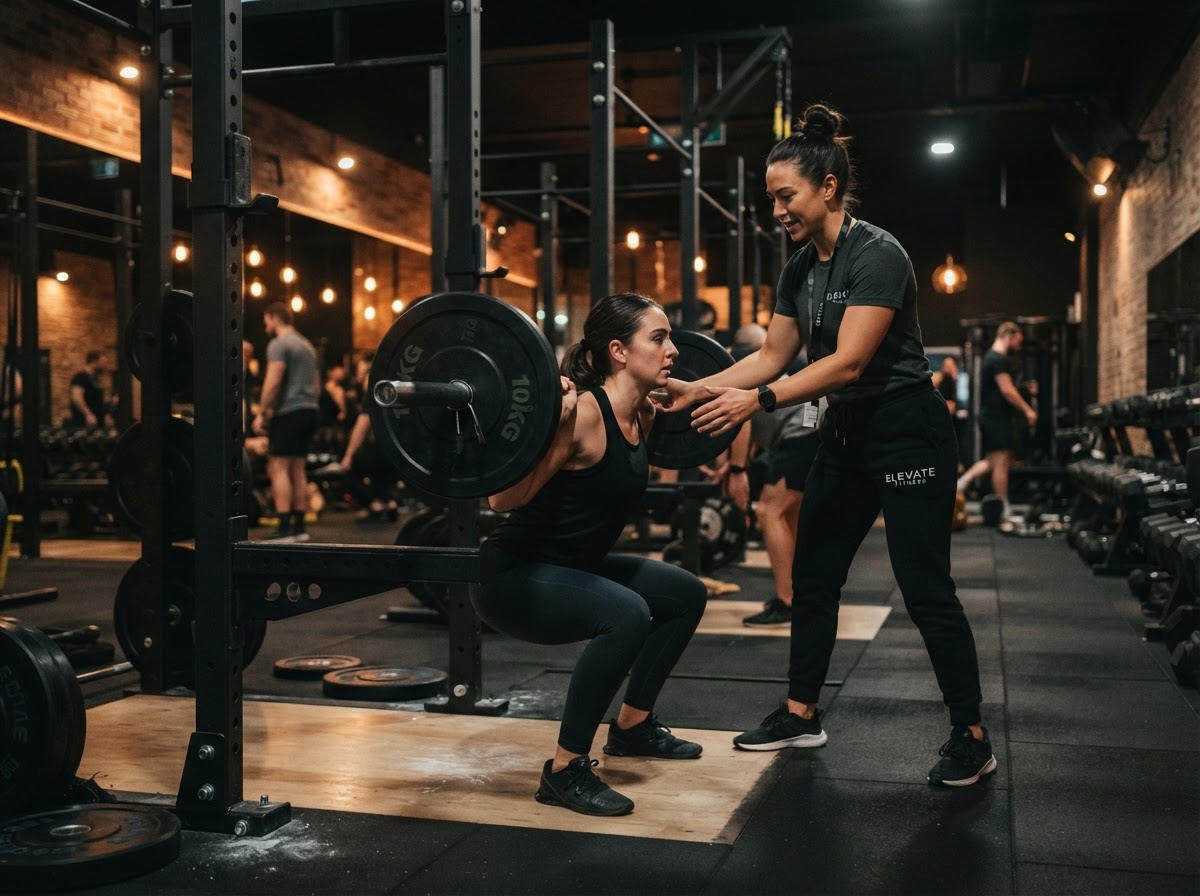 Personal trainer coaching a client through a squat