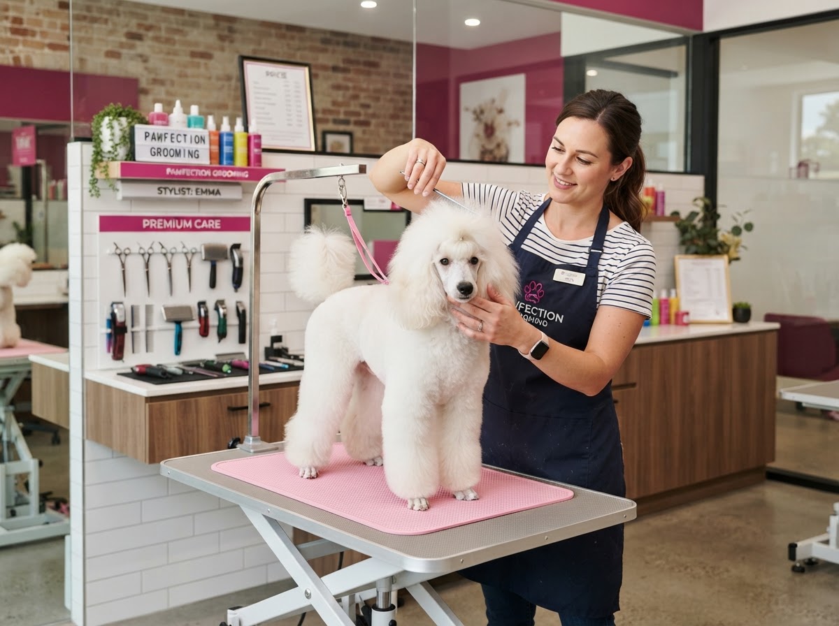 Estilista canino grooming a un perro en salón limpio