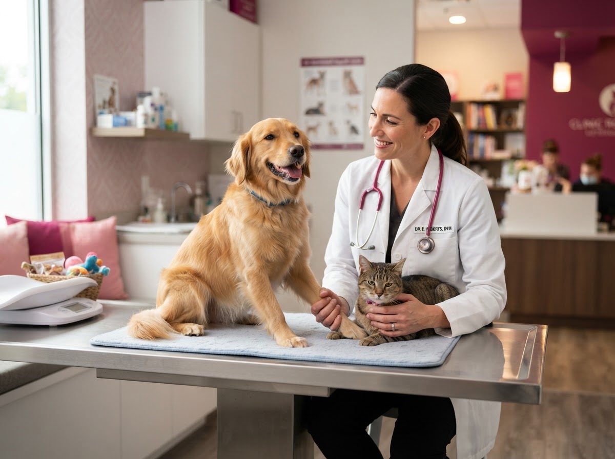 Veterinaria examinando a un perro y un gato en clínica moderna