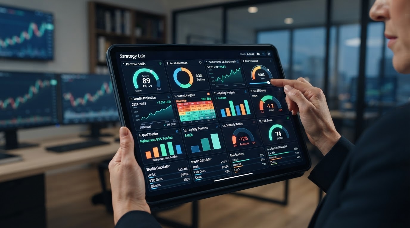 1-on-1 Strategy Lab application suite dashboard showing interactive modules and financial charts