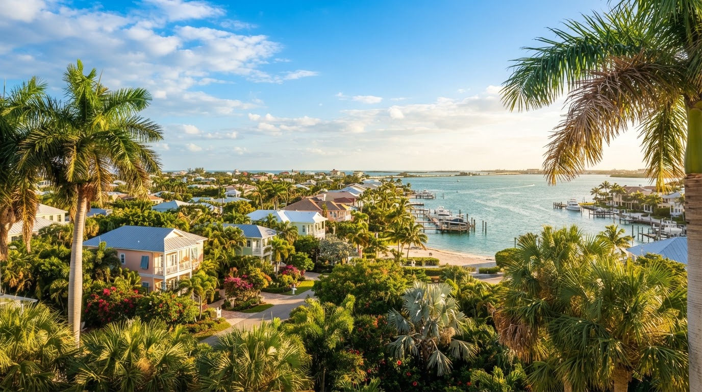Scenic view across Florida palm trees and sunny coastal residential neighborhood