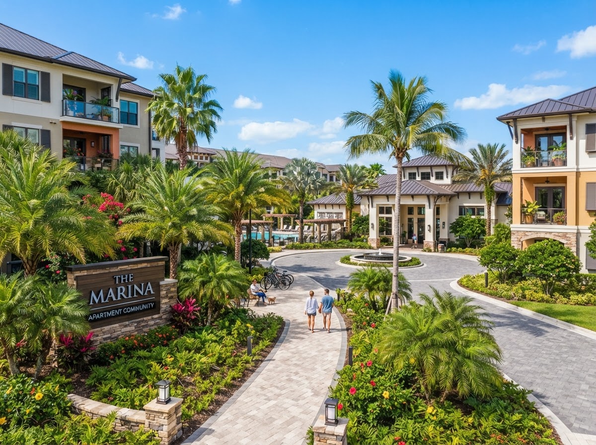 Inviting Florida apartment community entrance with tropical landscaping and palm trees