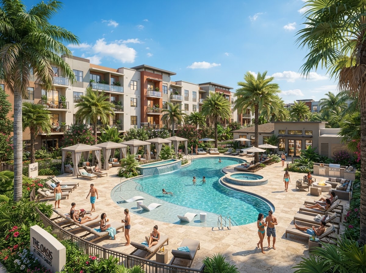Upscale modern Florida apartment community with resort-style swimming pool and palm trees