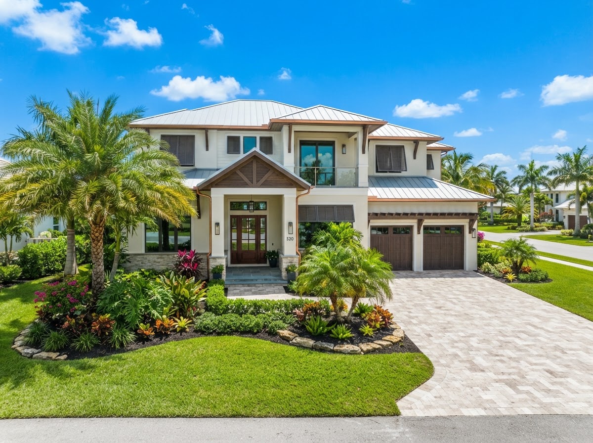 Tropical Florida new construction home with palm trees and modern coastal architecture