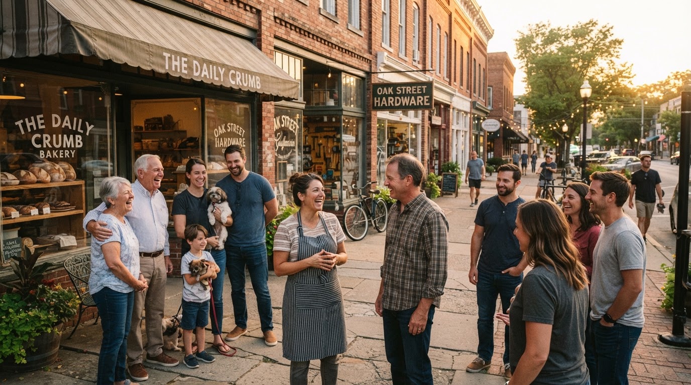 Neighbors and local business owners gathered on a small-town main street