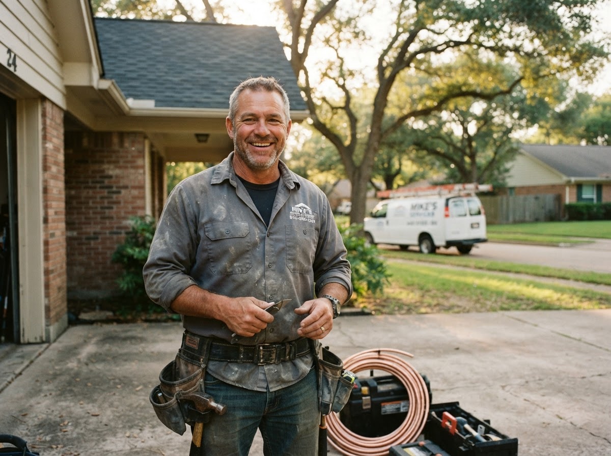A friendly local contractor smiling outside a neighborhood home