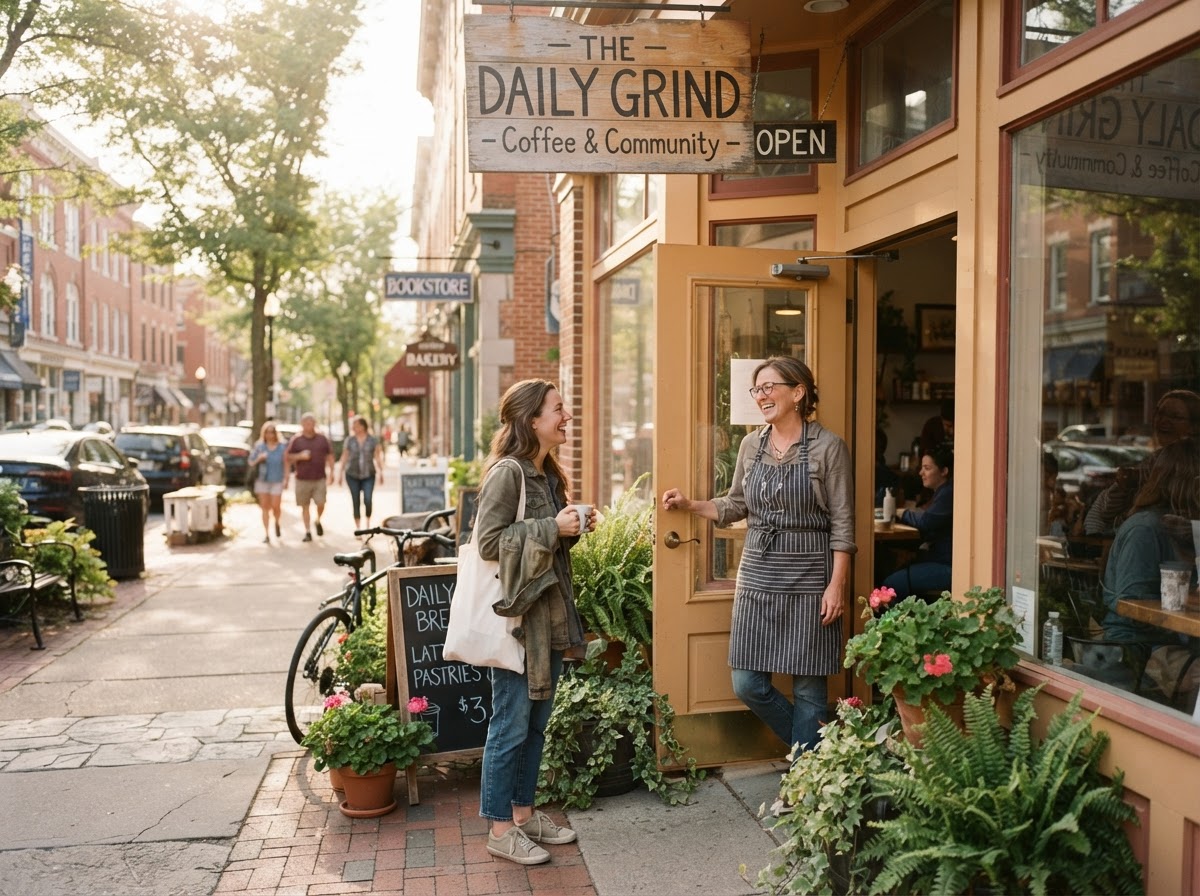A neighbor chatting with the owner at a local coffee shop storefront