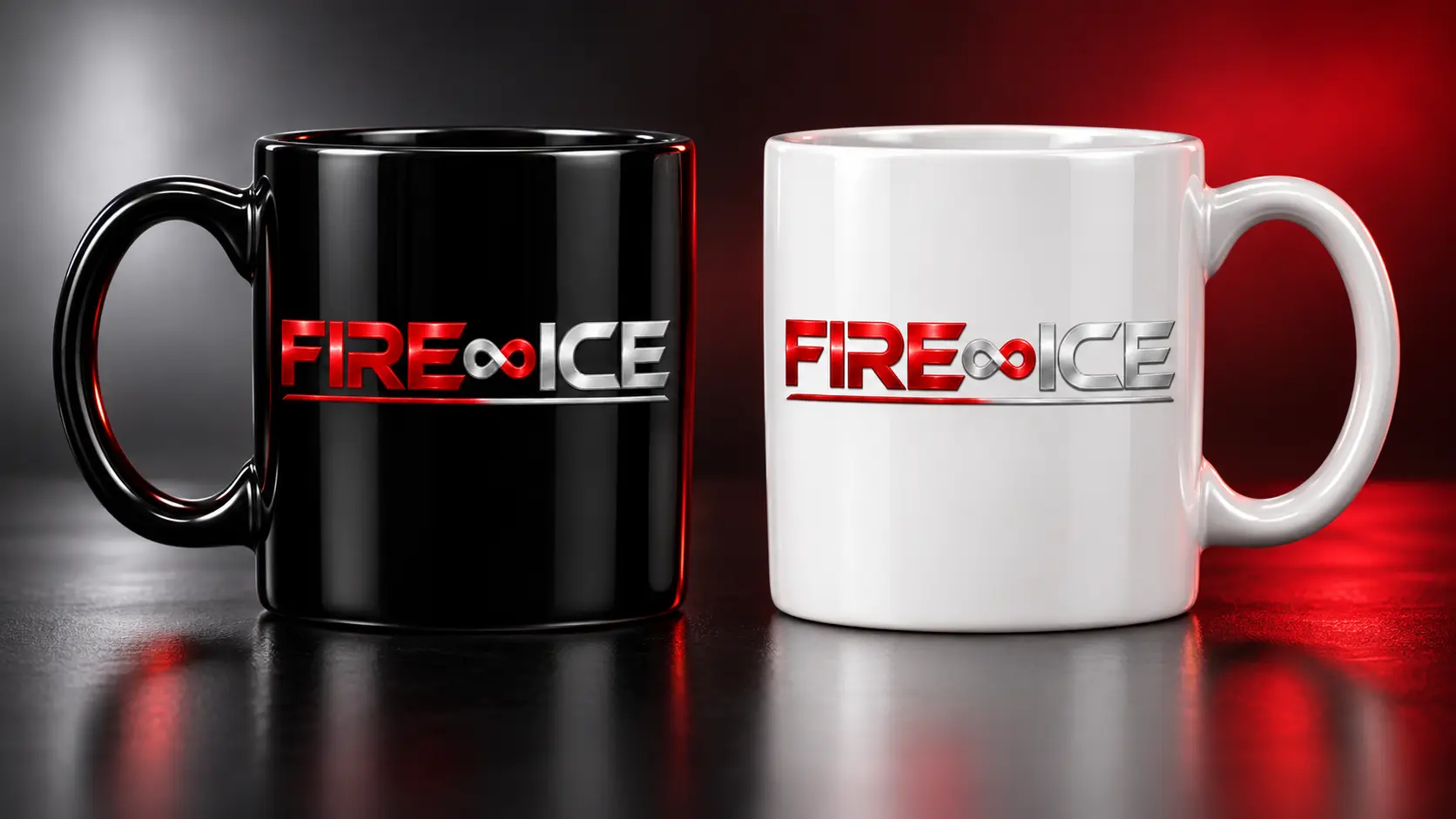 Black and white ceramic cups with the metallic red and silver Fire and Ice logo