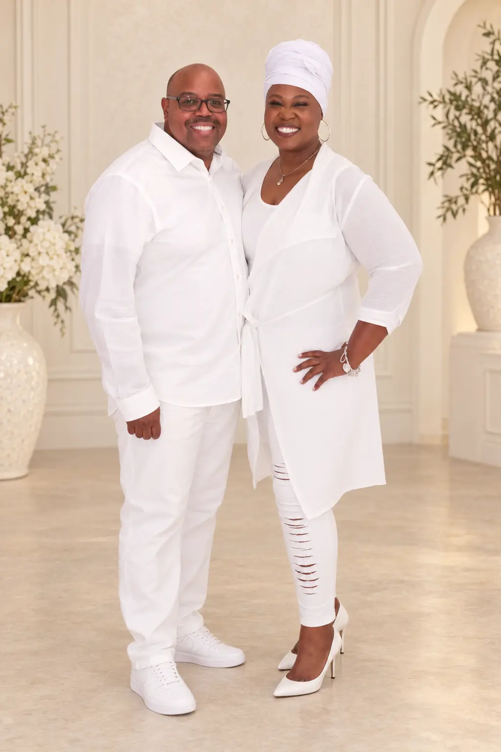 Che and Malik Jackson standing together in coordinated white clothing