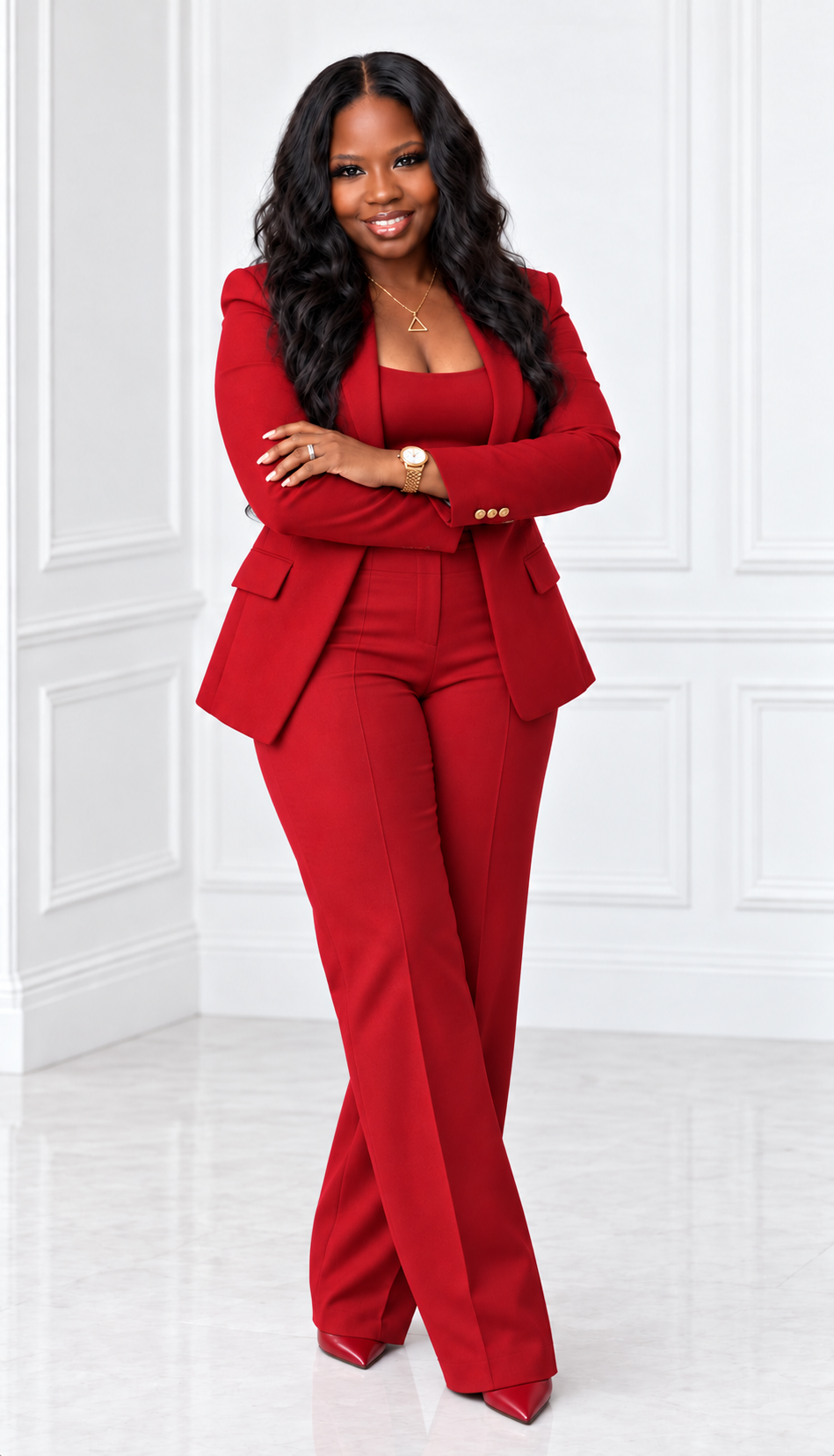Dr. Shantuan Coleman standing confidently in a coordinated red blazer, red top, and red trousers