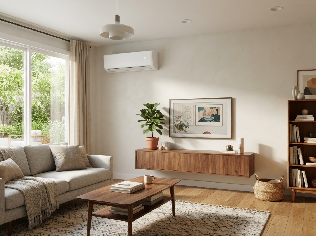 Wall-mounted Mitsubishi, Lennox, GREE, and Carrier mini-split ductless indoor unit in a modern home