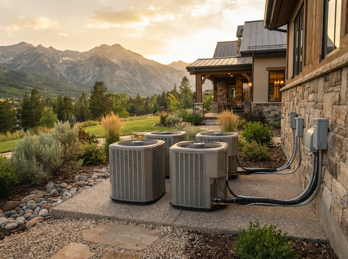 AC condenser units outside a beautiful custom home