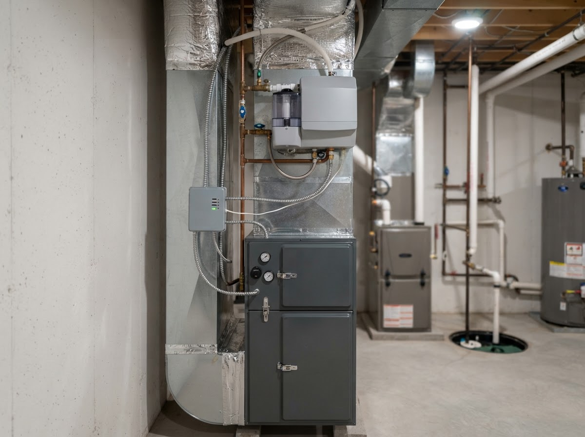 Aprilaire whole-home air filtration unit and steam humidifier installed in a residential utility room