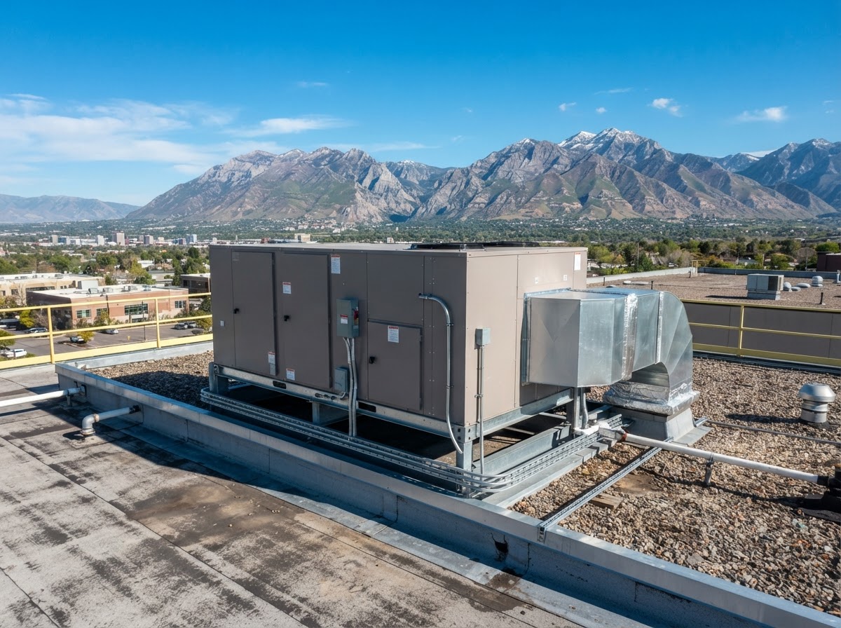 Commercial Carrier and Tempstar rooftop HVAC units on a flat commercial building roof