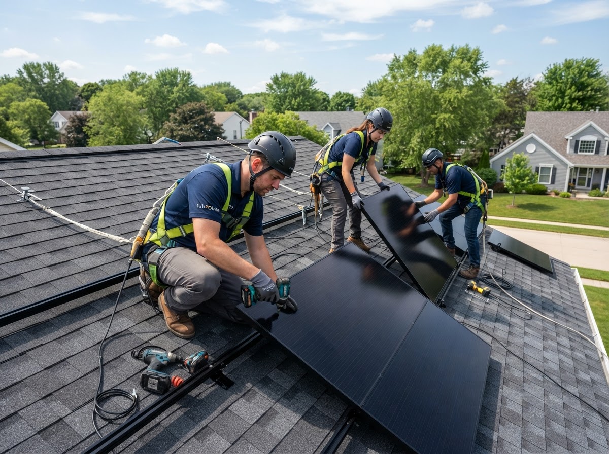 Jason Price crew installing sleek all-black solar panels on a residential roof