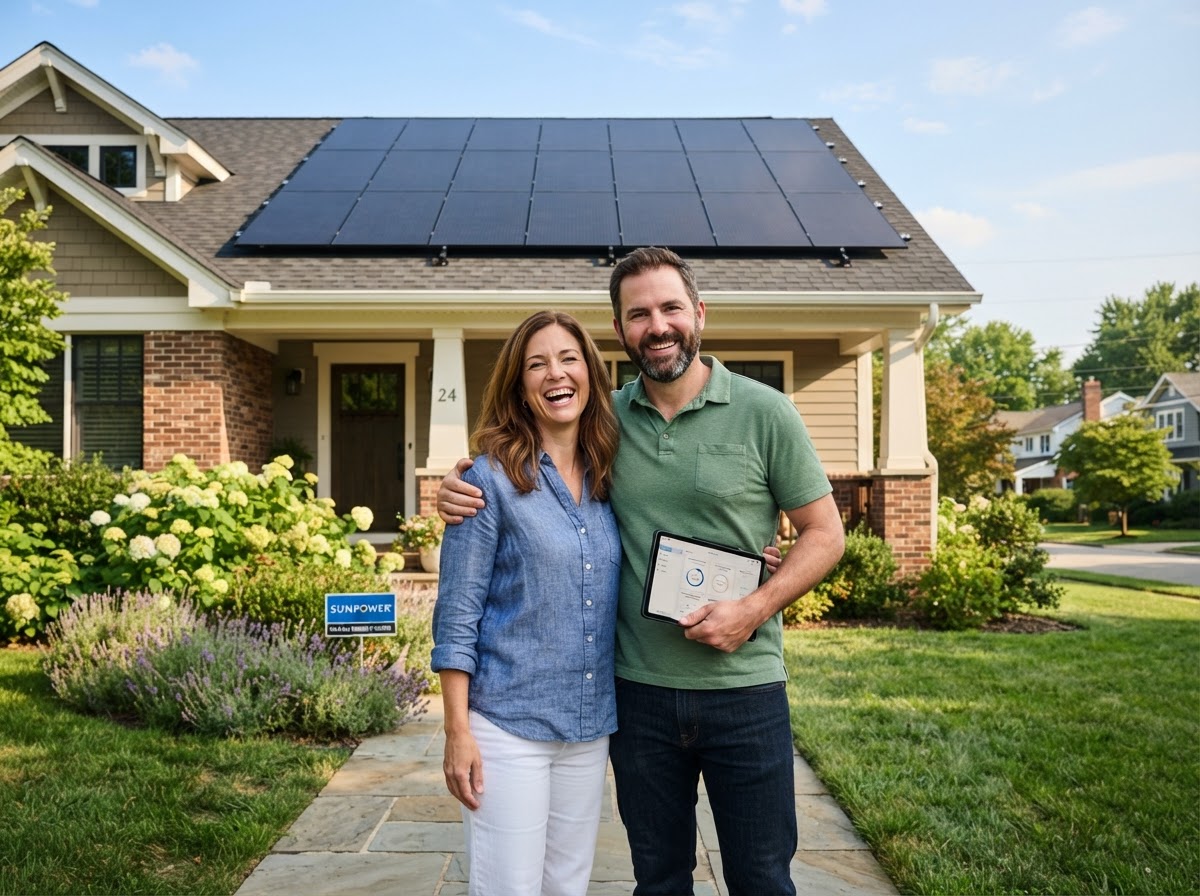 Happy homeowners in front of their house with newly installed all-black solar panels
