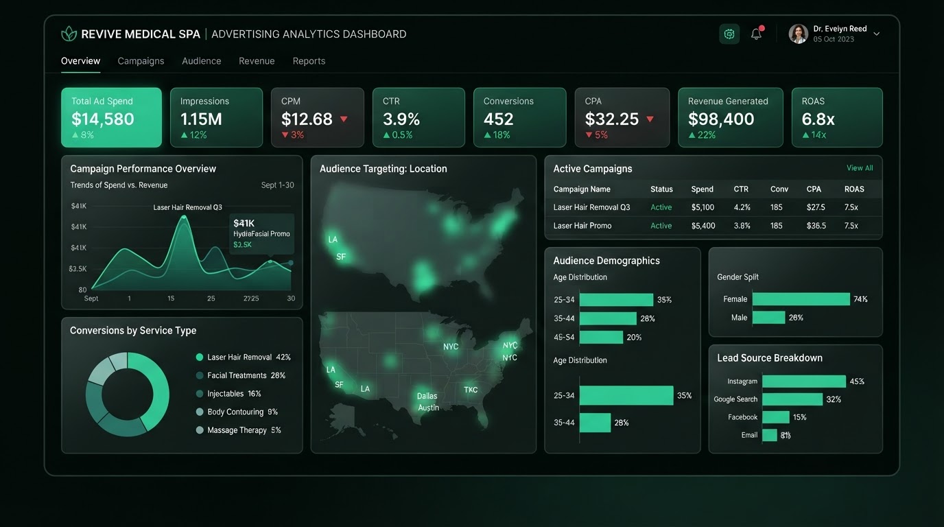 Dashboard de publicidad con segmentación demográfica y rendimiento