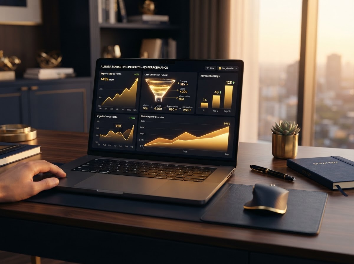 SEO analytics dashboard showing rising search rankings and organic traffic growth