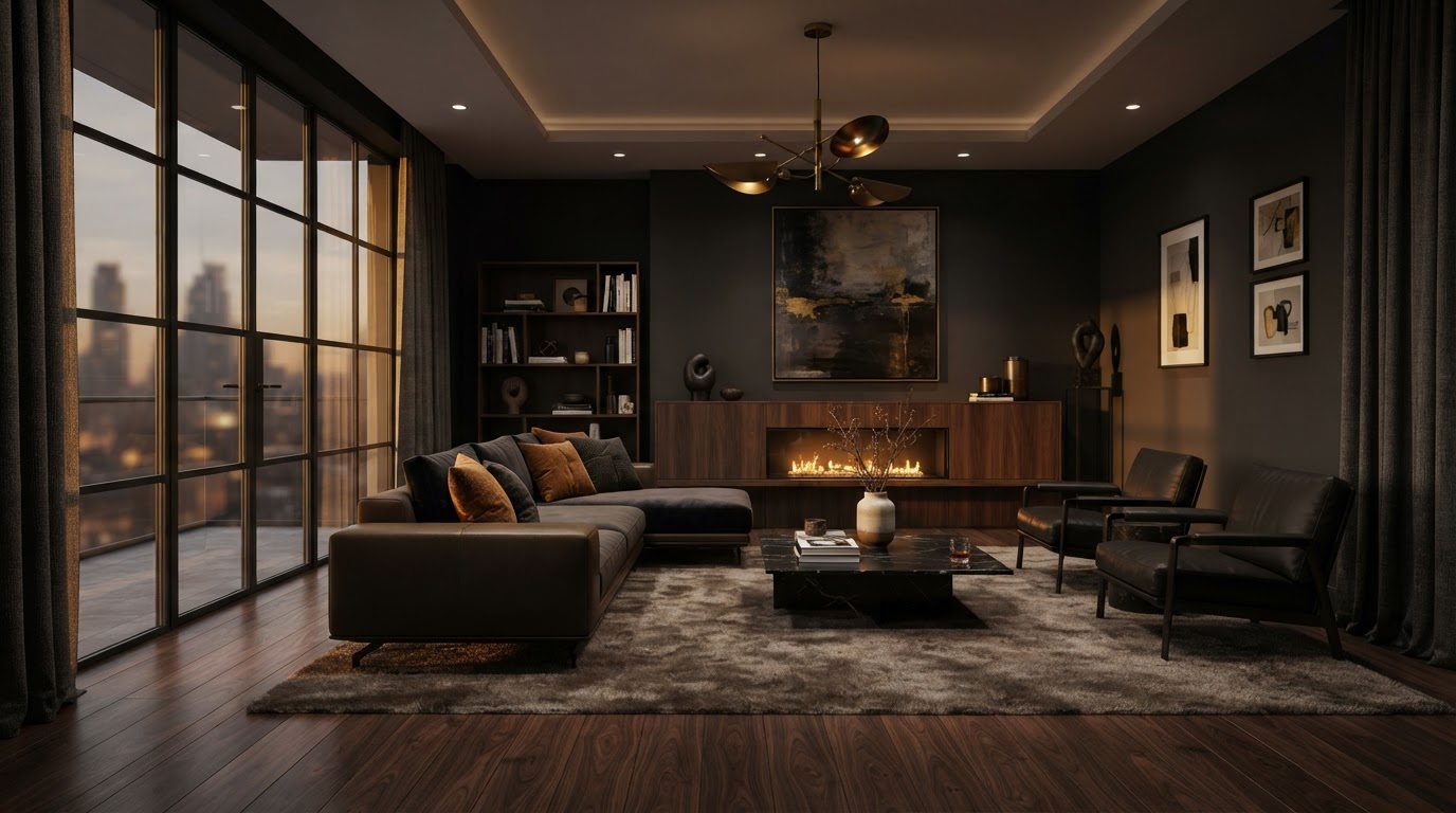 Luxury dark walnut hardwood flooring in a modern living room