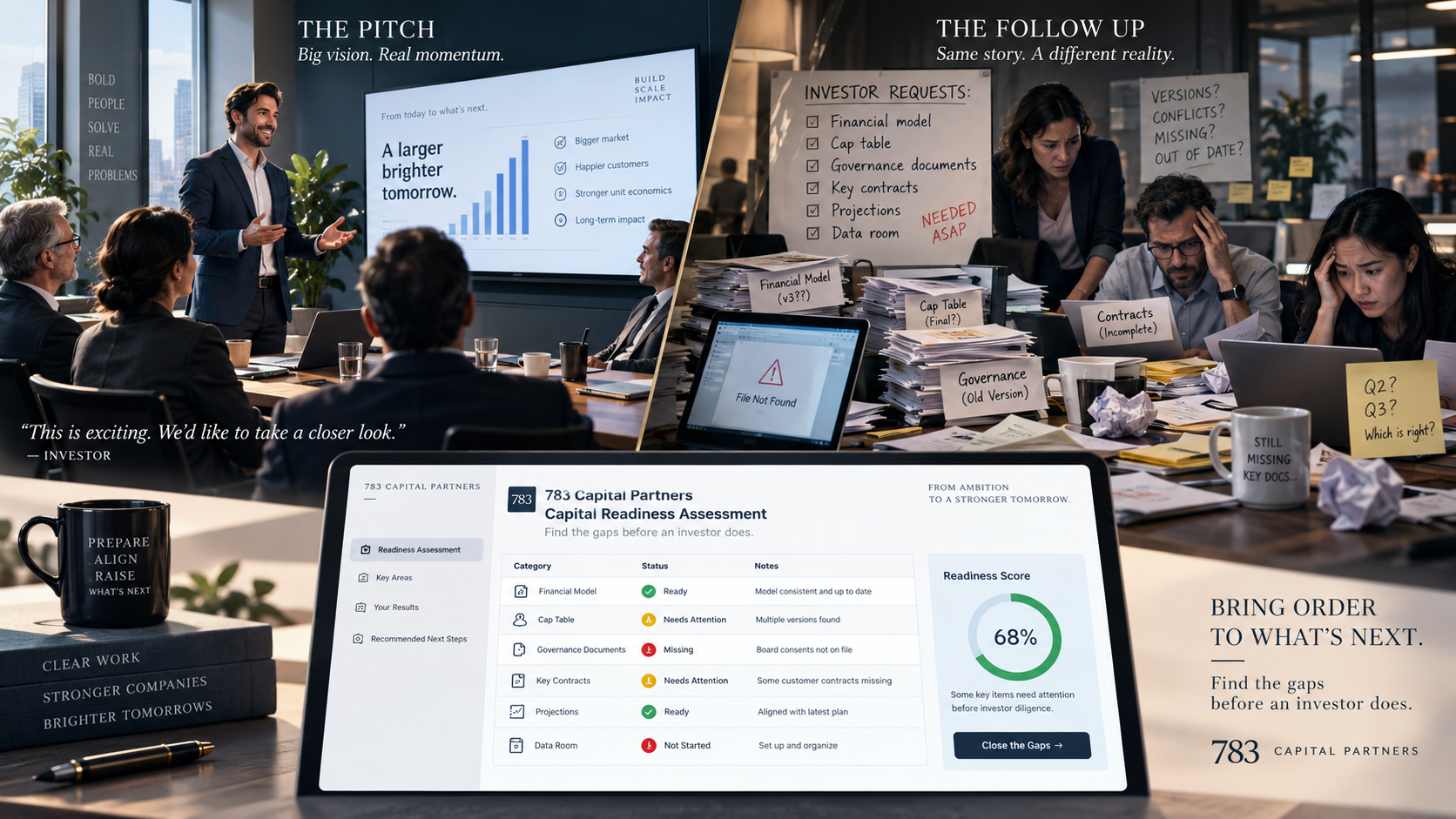 The Pitch vs The Follow Up: Illustrative capital readiness scenario showing how diligence gaps stall momentum