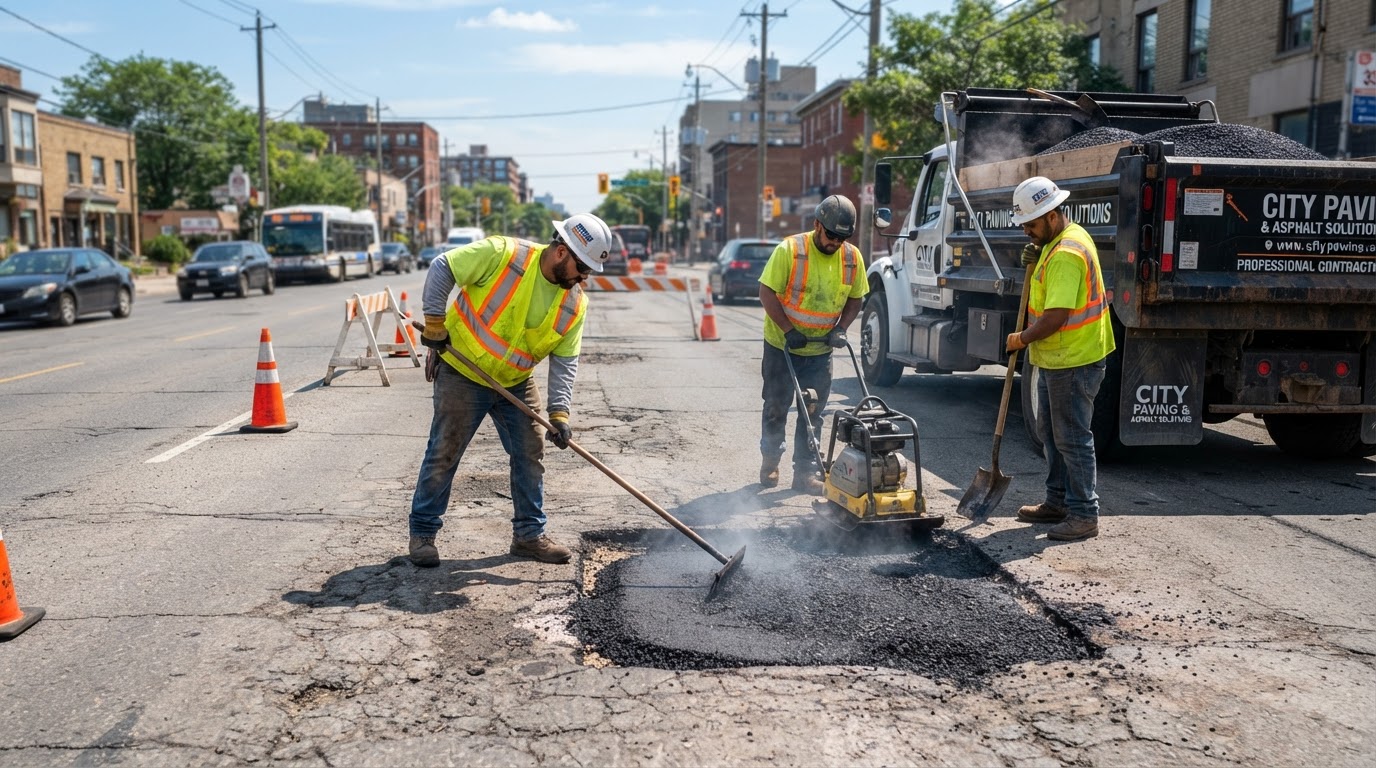 Asphalt repair crew patching a pothole with hot asphalt