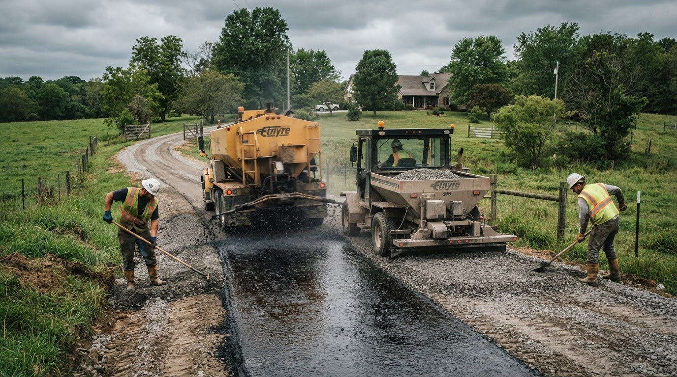 Tar and chip paving operation spreading crushed stone over liquid asphalt