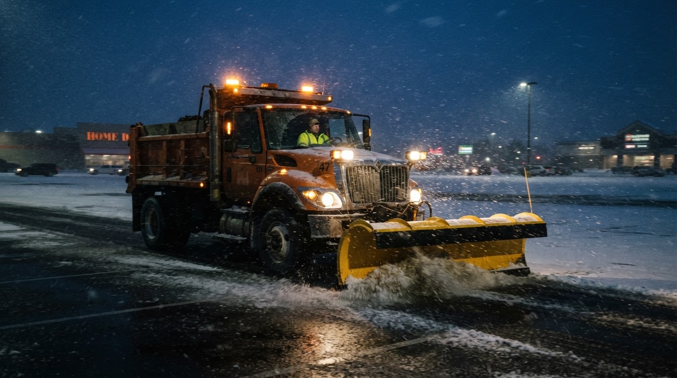 Commercial snow plow clearing a parking lot