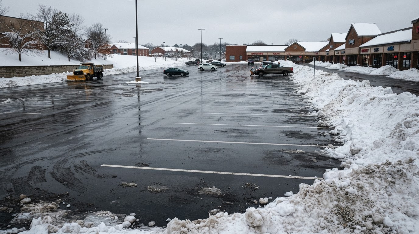 Cleared commercial parking area after snow removal