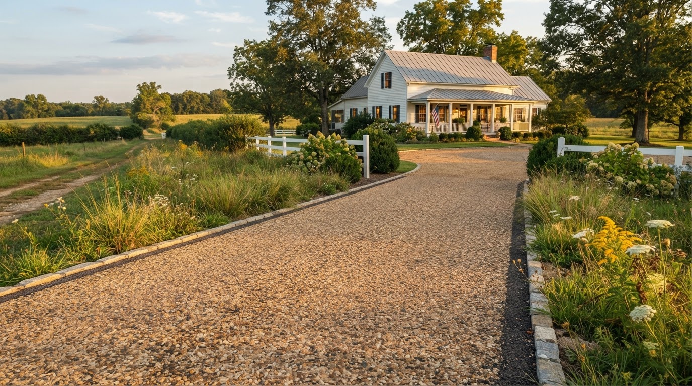 Finished tar and chip driveway with exposed natural stone aggregate texture