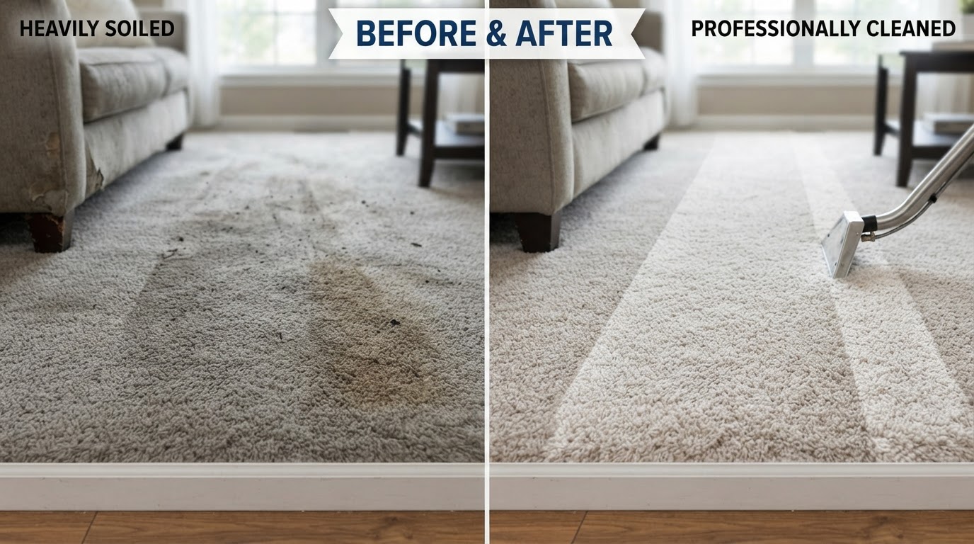 Before and after carpet cleaning comparison showing stained carpet restored to clean and bright