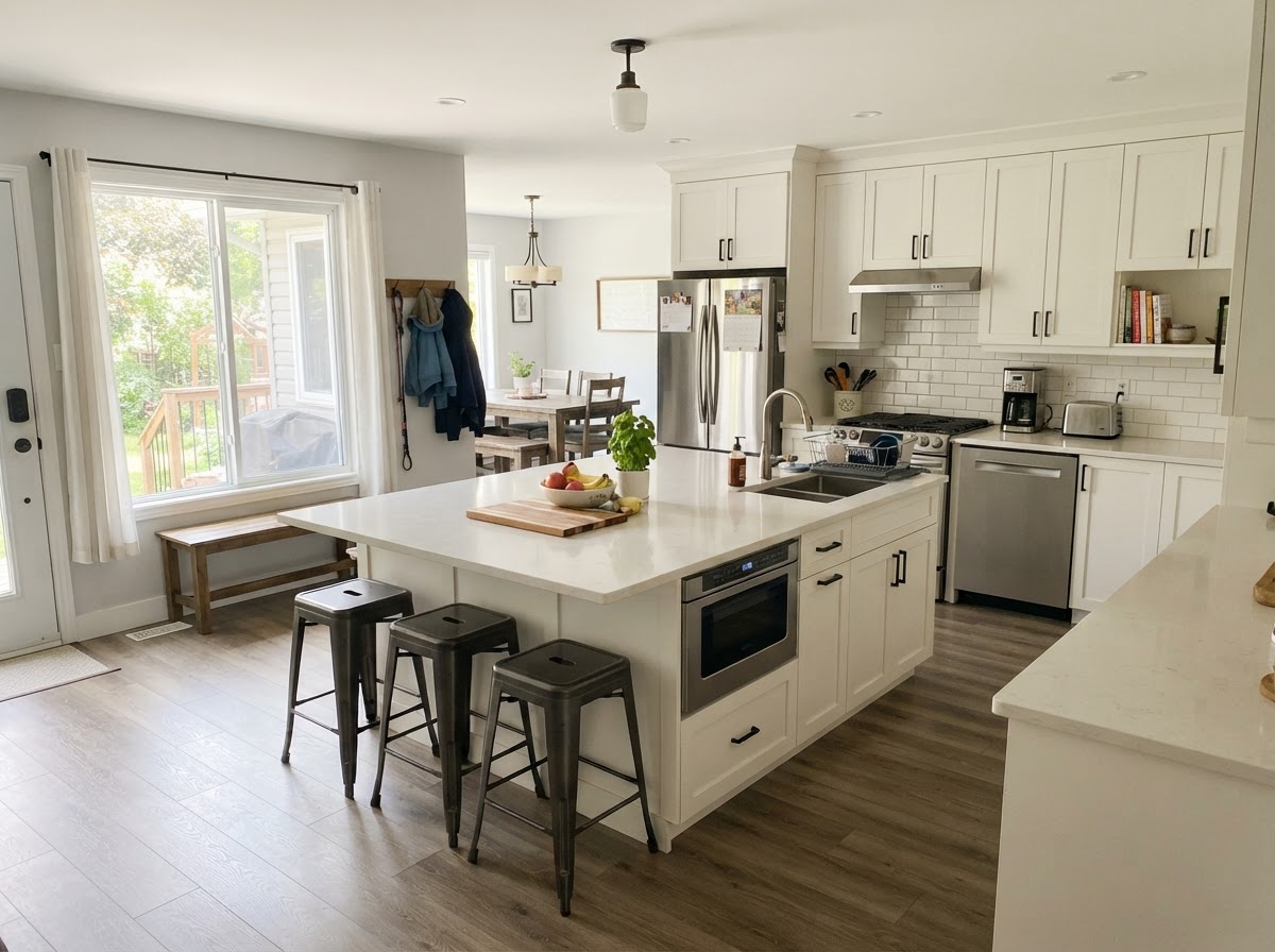 A modern suburban family kitchen with white shaker cabinets, a full center island, light quartz counters, stainless appliances, and bright natural light, wide angle view