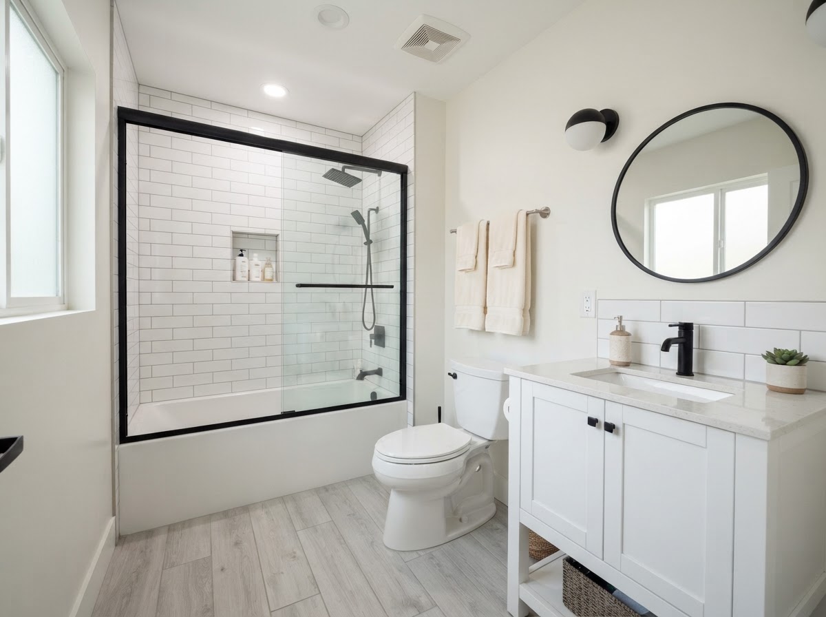 A modern hall bathroom shown wide angle with a tub-shower combo, toilet, and vanity with sink and mirror all visible, white tile, folded towels, and bright natural light
