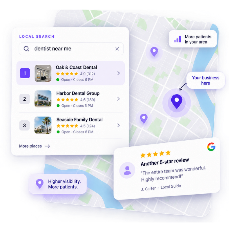 Example local search results, map visibility, and a recent customer review