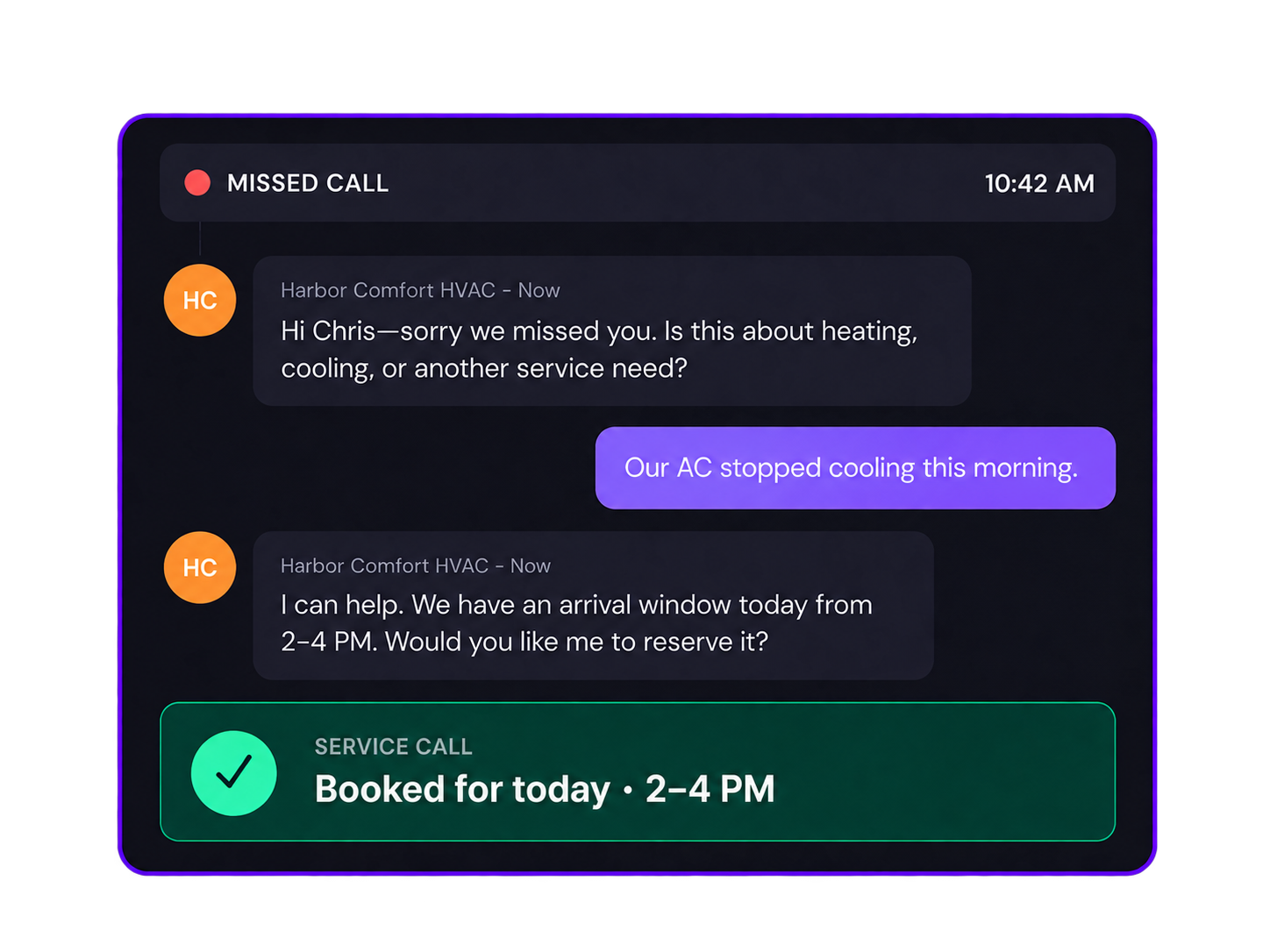 Harbor Comfort HVAC missed-call follow-up conversation resulting in a booked service call