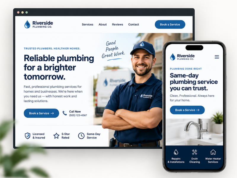 Responsive Riverside Plumbing website shown on a desktop browser and phone