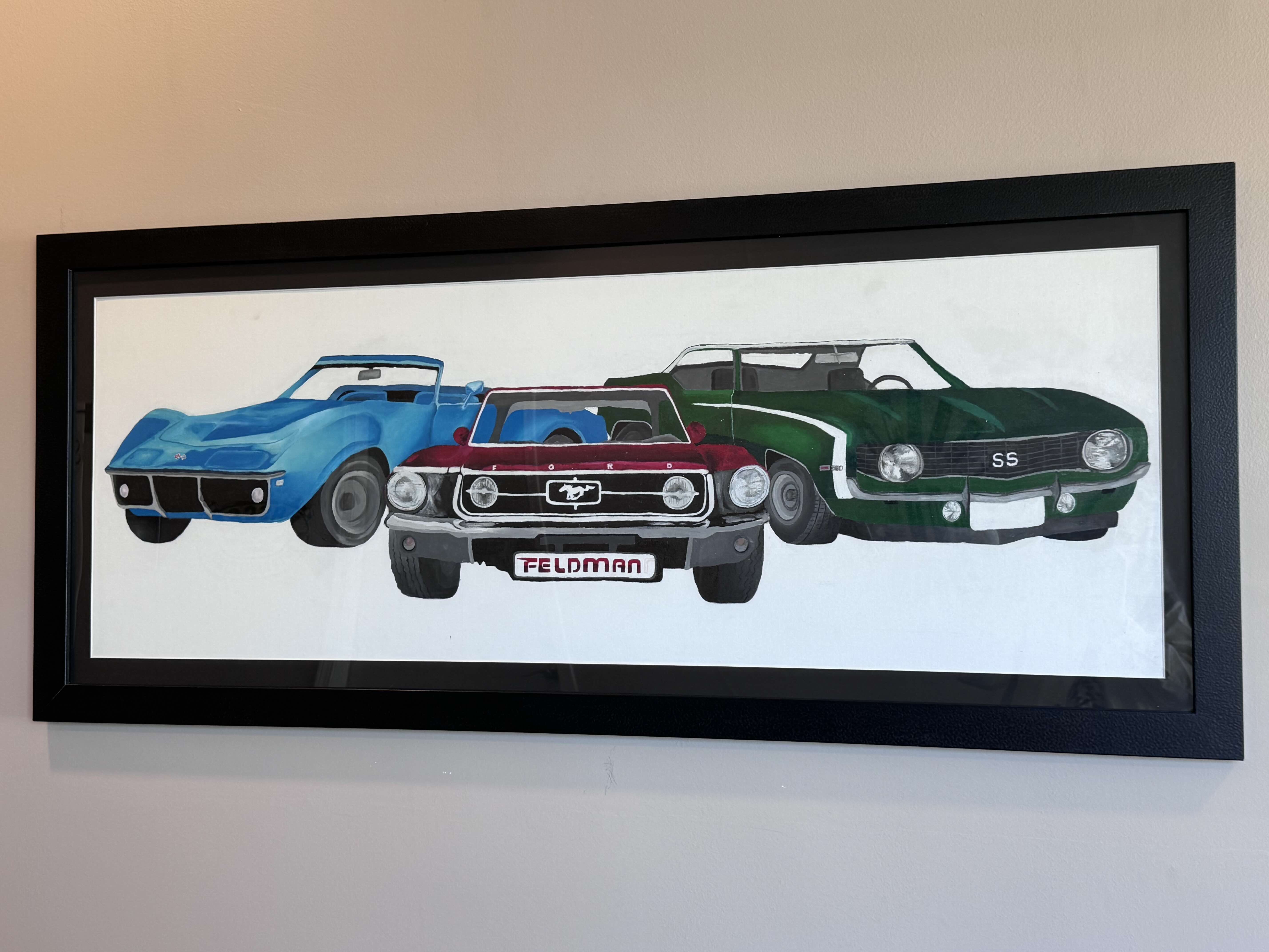 Custom Feldman classic cars artwork painting in lobby