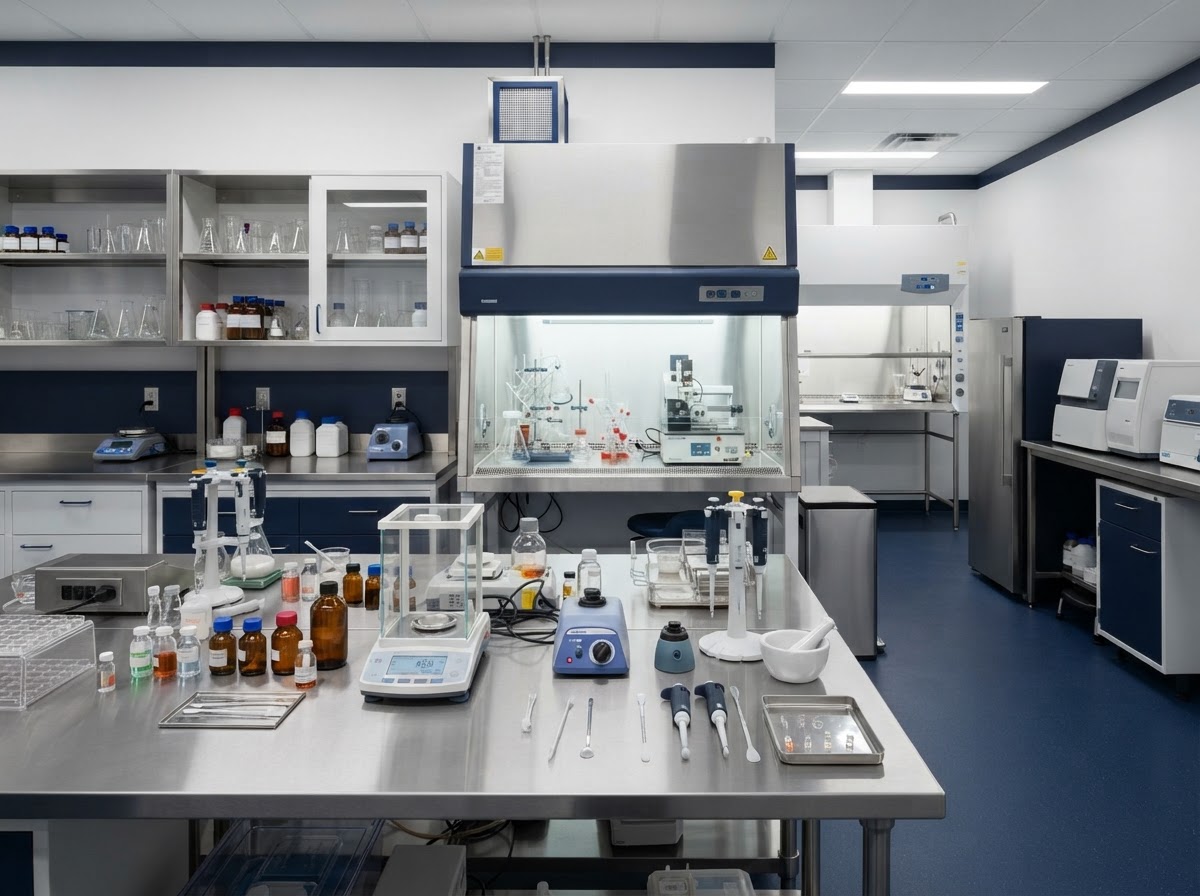 Modern compounding pharmacy laboratory with precision instruments