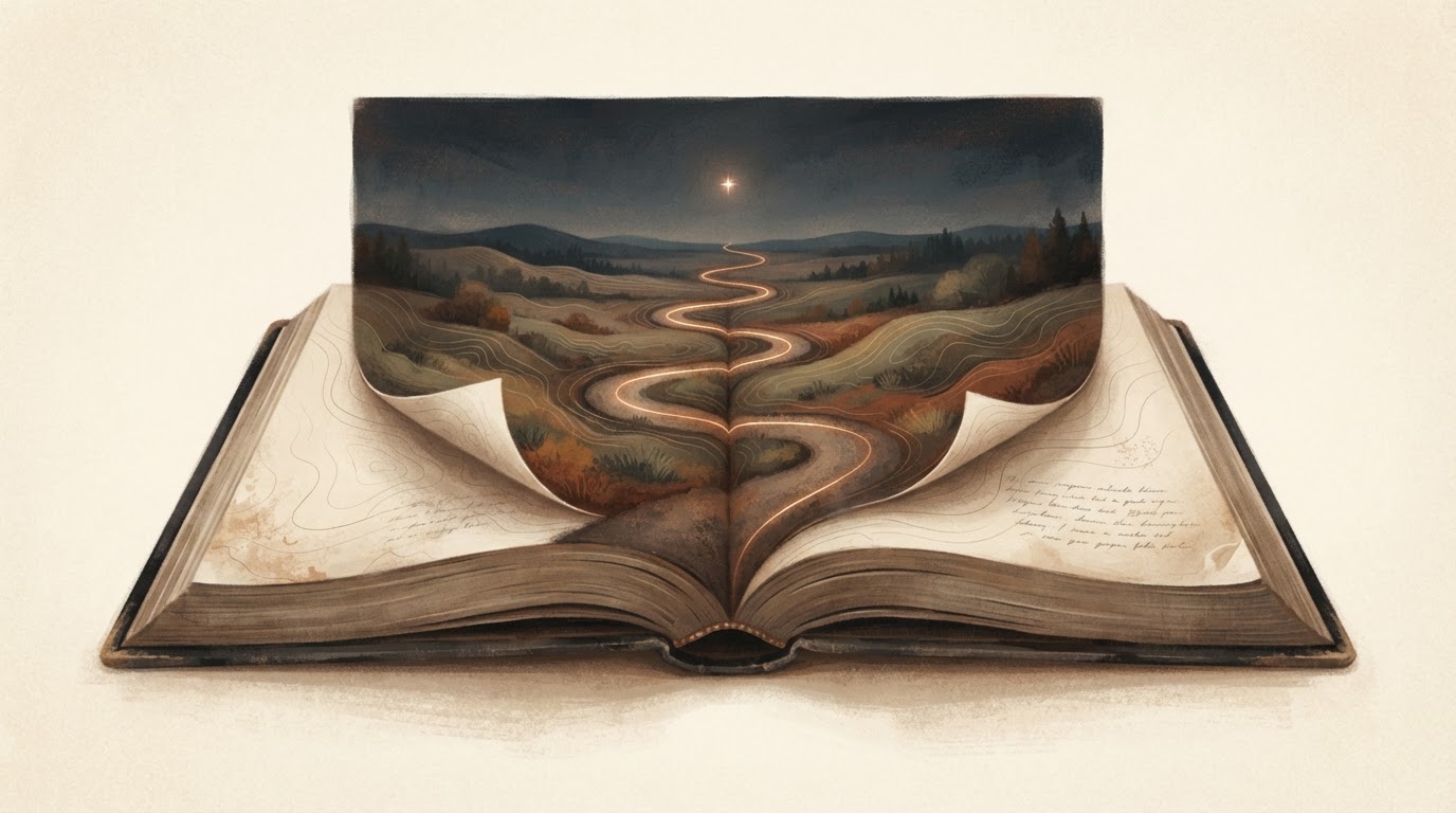 An open book whose center becomes a winding path toward a distant point of light