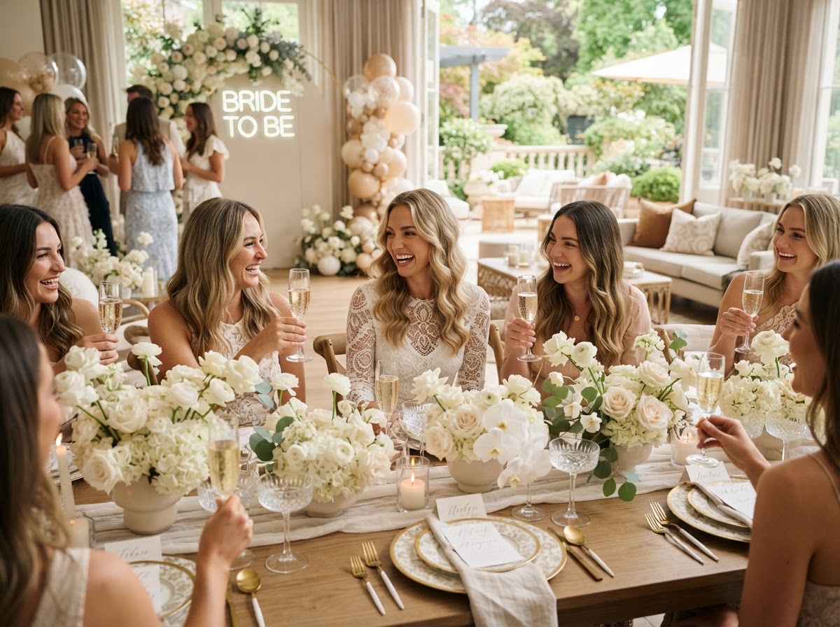 Chic bridal shower table with delicate glassware, champagne, and cream florals