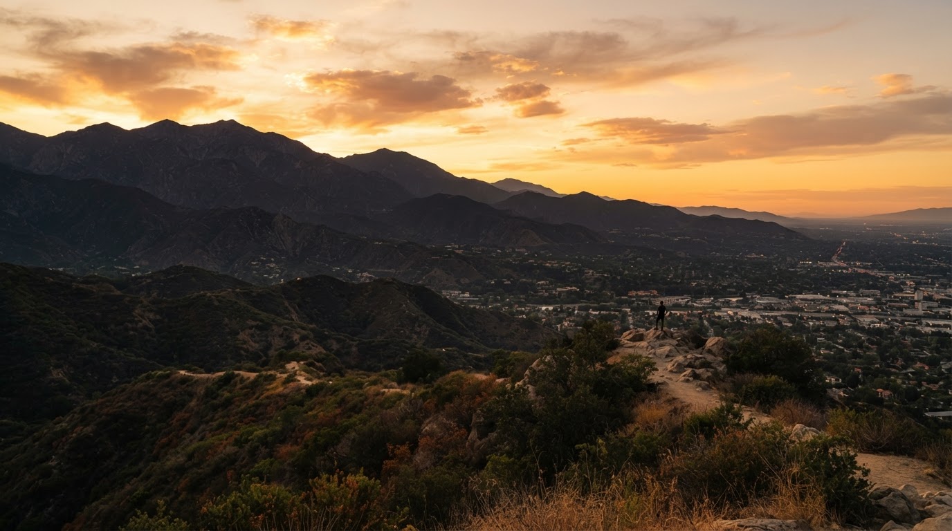 Scenic San Gabriel Mountains silhouette near Monrovia, California at sunset