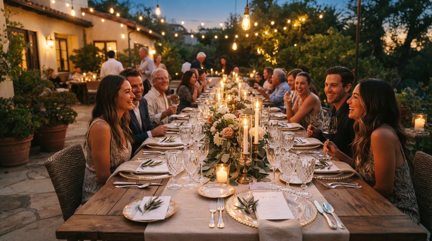 Beautifully styled California outdoor dinner party table setting at dusk in Monrovia