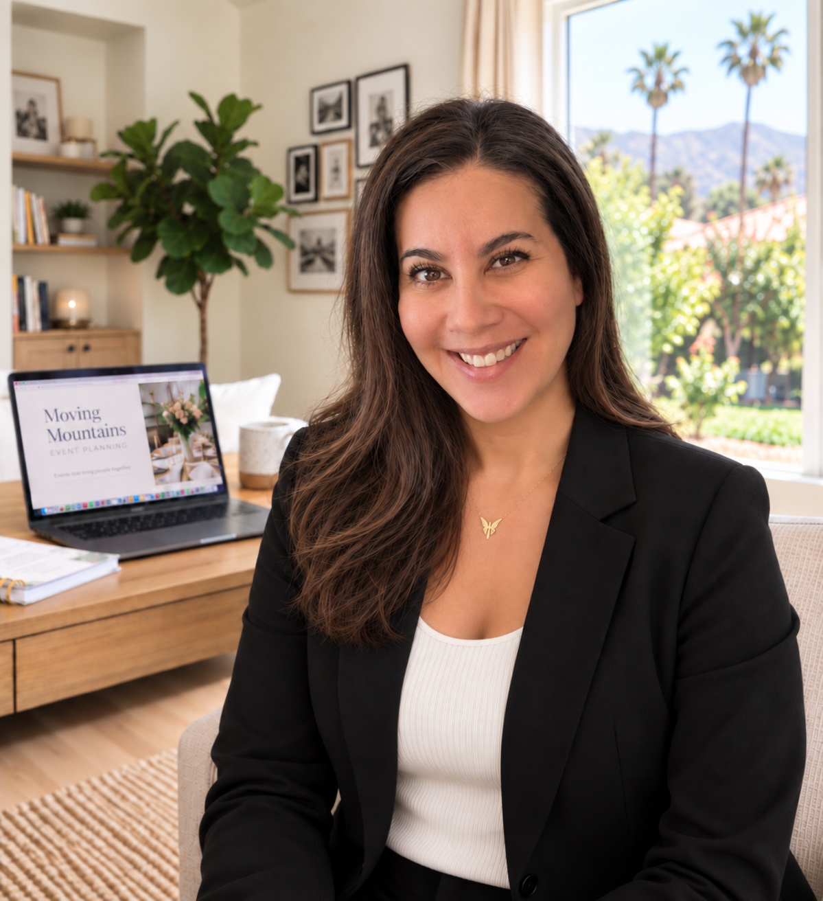 Giana Furuya, owner of Moving Mountains Event Planning, in a warm portrait setting