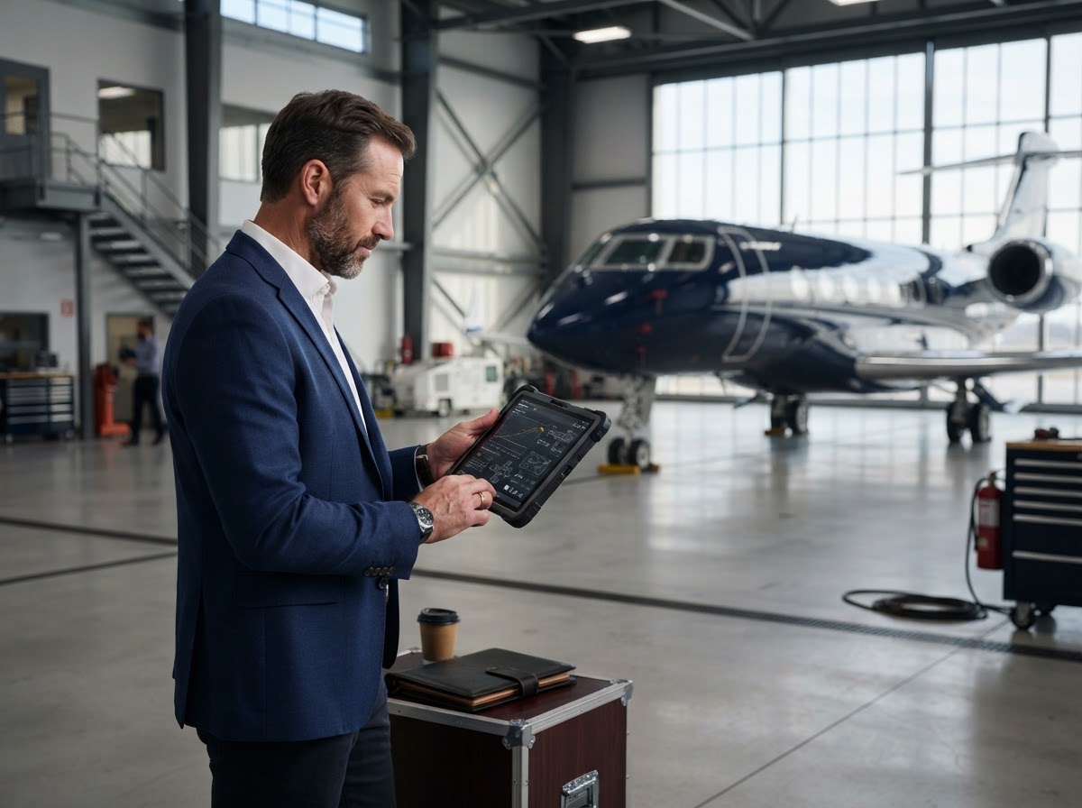 Aviation consultant reviewing aircraft specifications in a hangar
