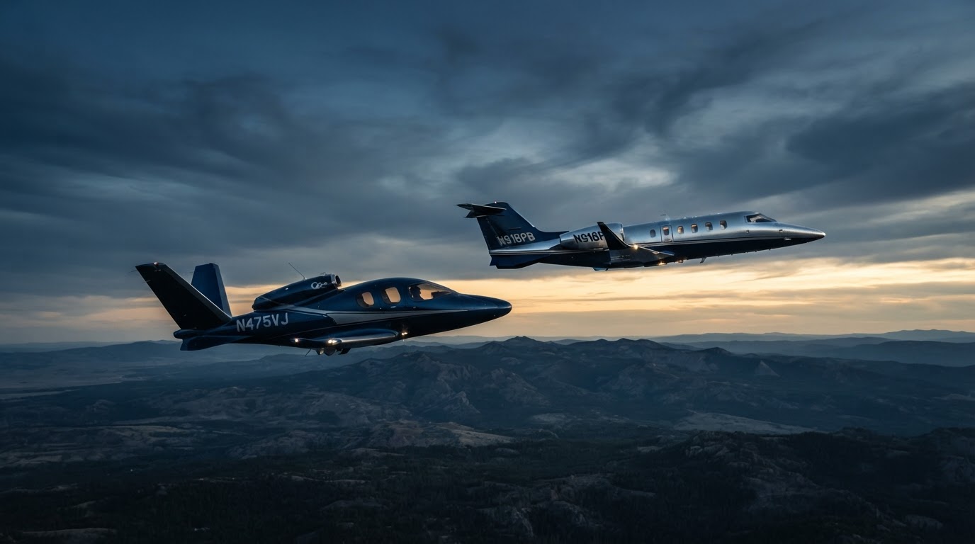 Cirrus Vision Jet and Learjet in flight at dusk