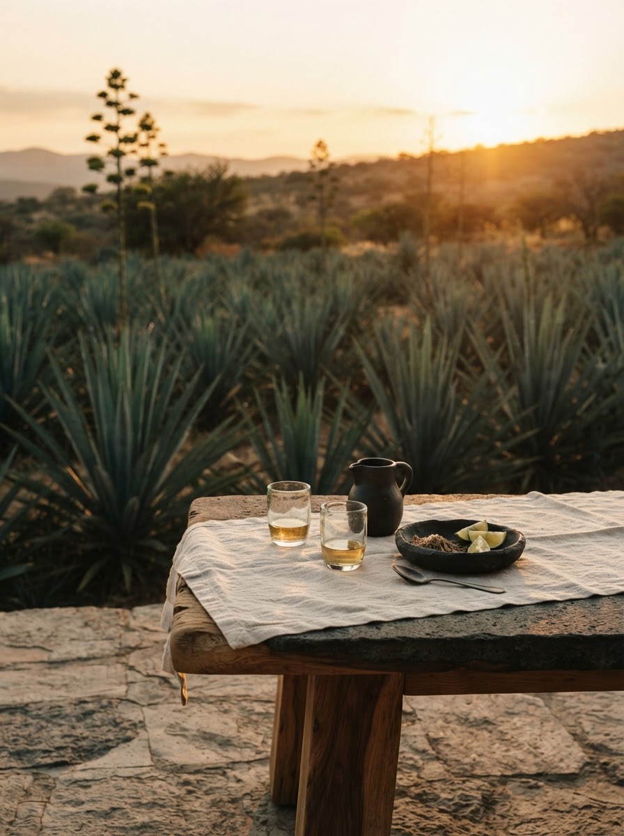 Agaves maduros al atardecer junto a una mesa de piedra con lino, dos vasos de mezcal y cerámica contemporánea
