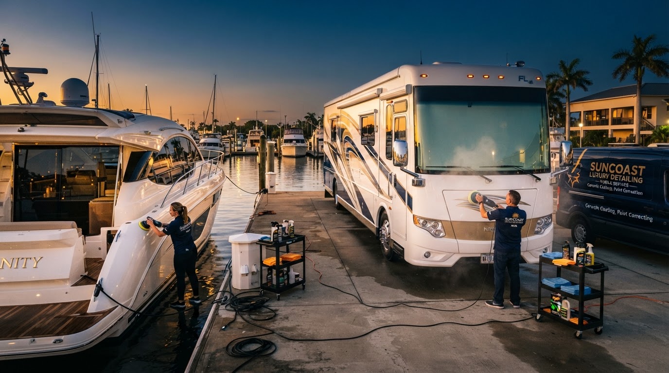 Drips RV & Boat mobile detailing a motorhome and yacht at a Florida marina at golden hour