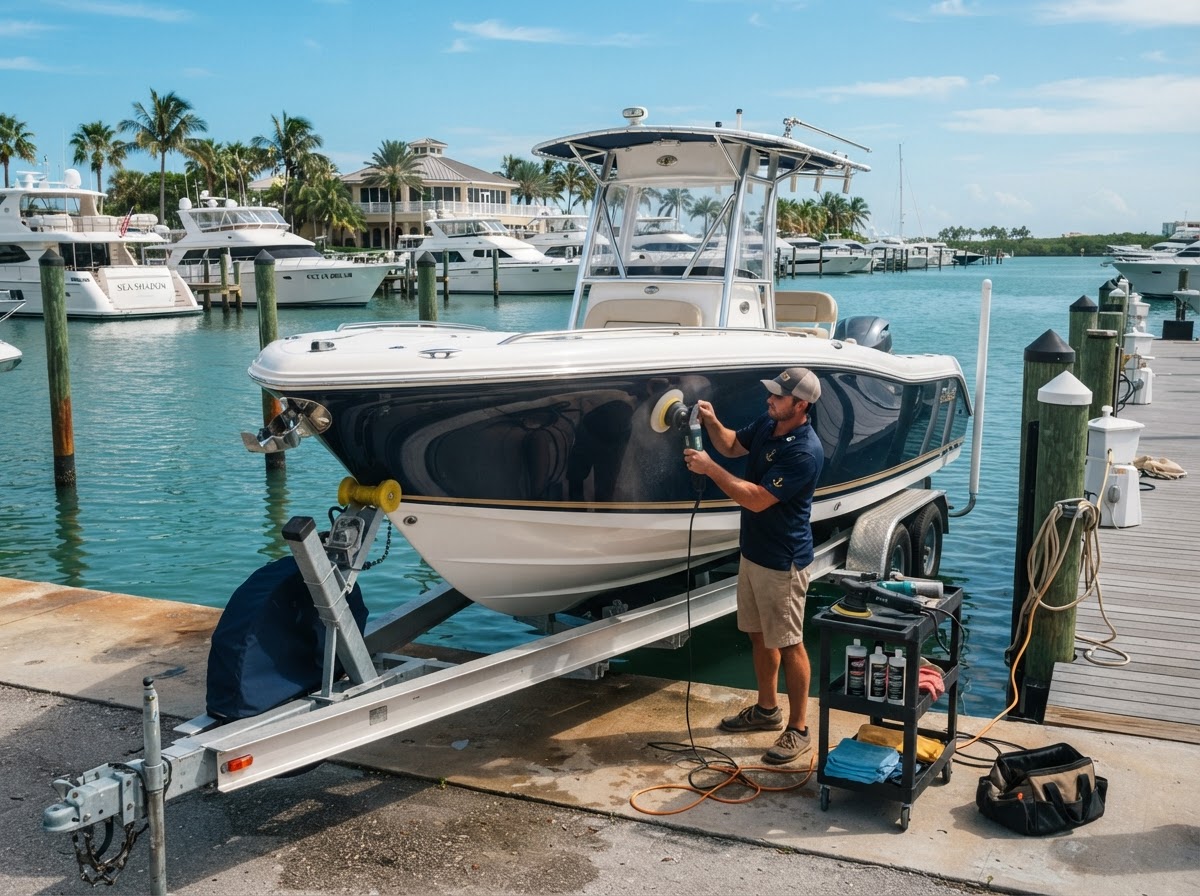 Boat gelcoat detailing at a Florida marina