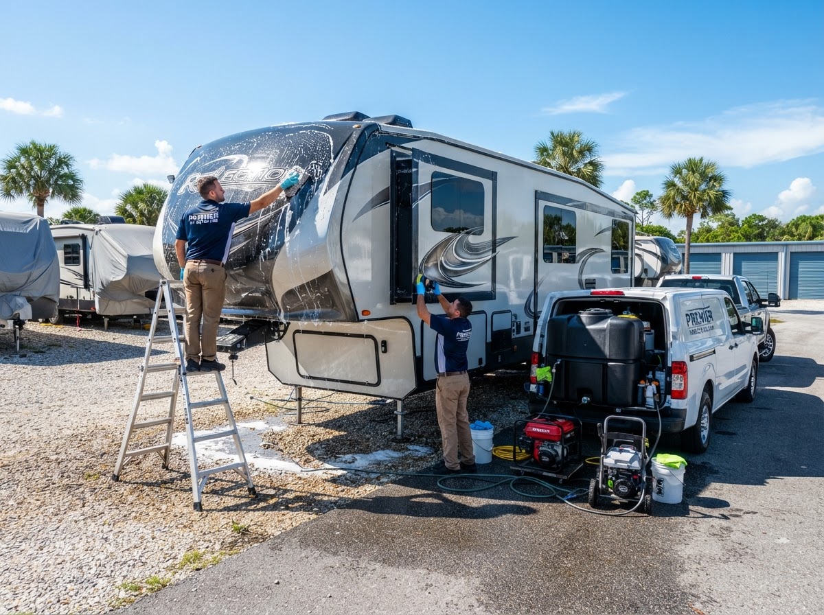 Travel trailer wash and wax at storage lot Riverview FL