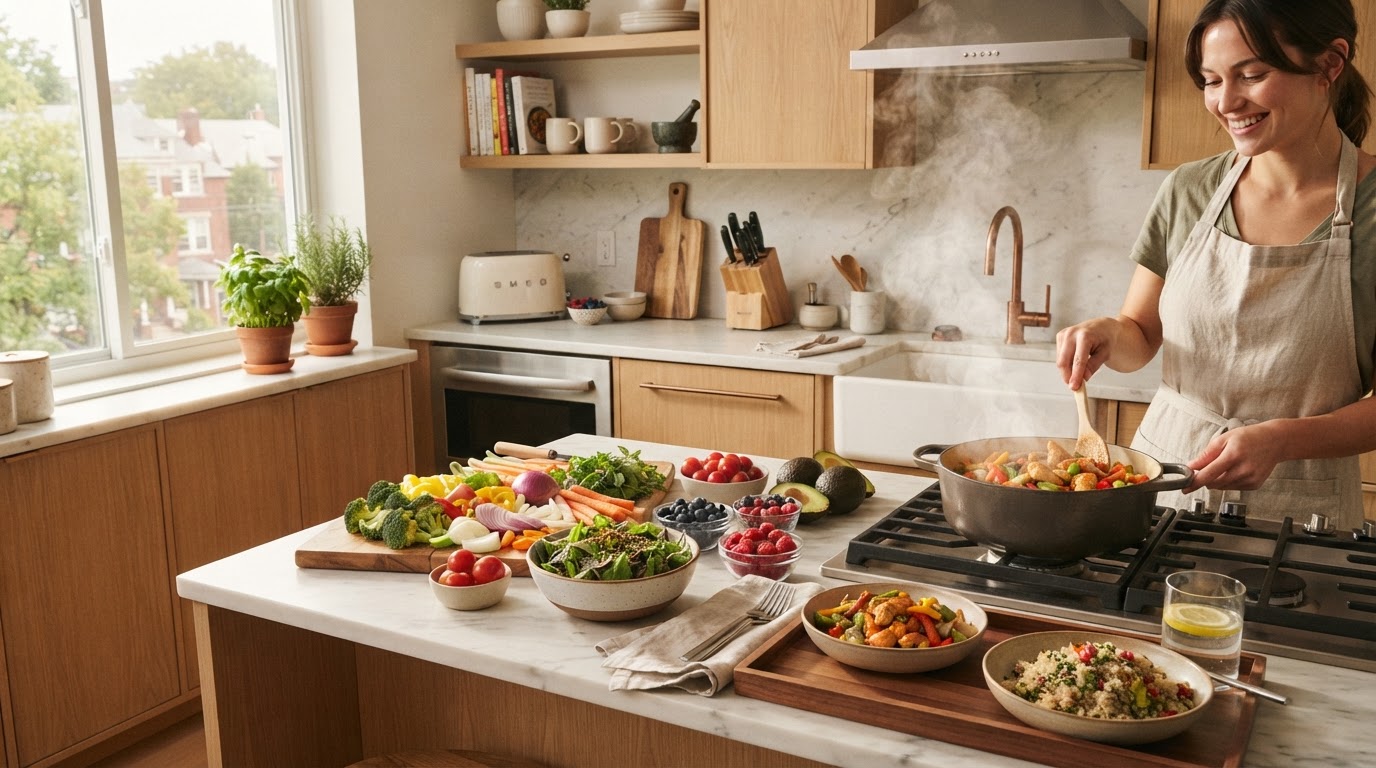 Apartamento limpio y ordenado con cocina y comidas saludables